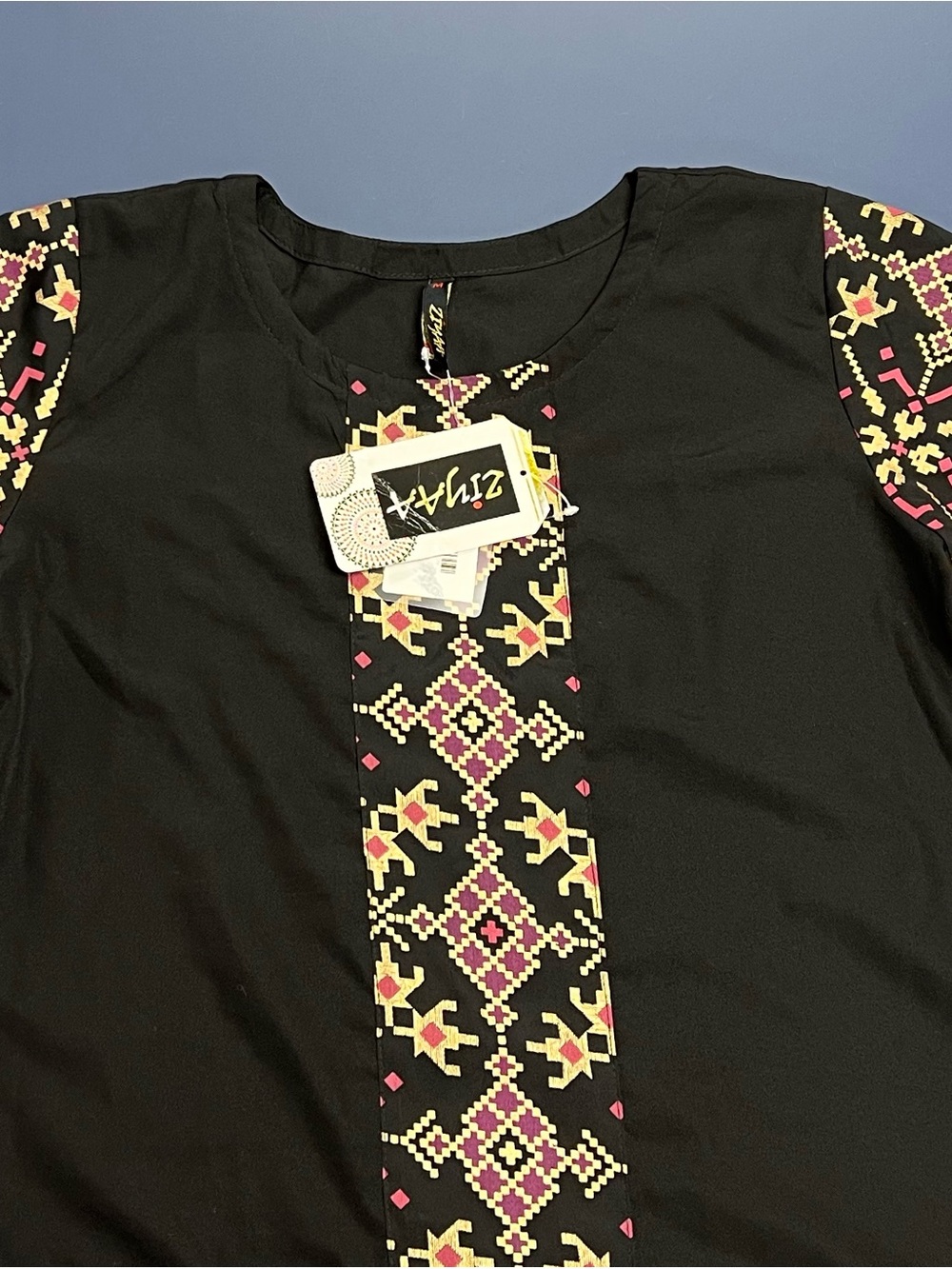 ZIYAA Black Tunic with Yellow & Pink Geometric Embroidery